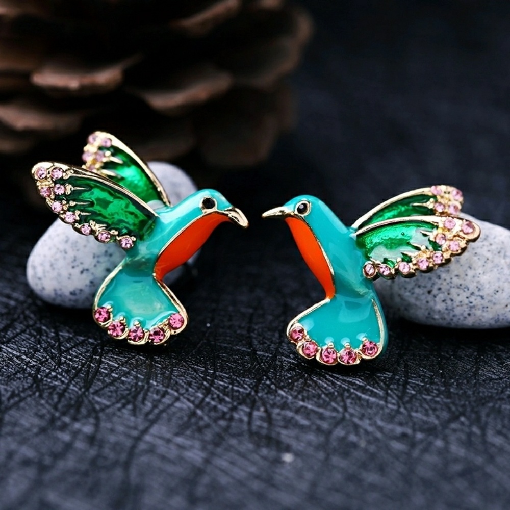 🎉HP🎉Blue Green Enamel Humming Bird Stud Earrings - Picture 5 of 8